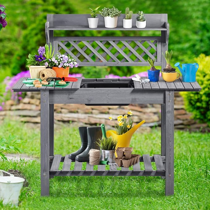 Topeakmart Potting Table Wood Workstation Table w/Sliding Tabletop w/Removable Dry Sink Storage Shelves Outdoor Garden Work Benches Station Planter Bench for Backyard Patio Gray