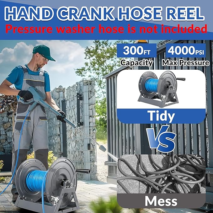 FIXFANS Pressure Washer Hose Reel, 300FT x 3/8" Heavy Duty Hose Reel, Manual Crank Power Washer Hose Reel with M22 Fitting, Wall/Floor/Truck Mounted, 4000 PSI