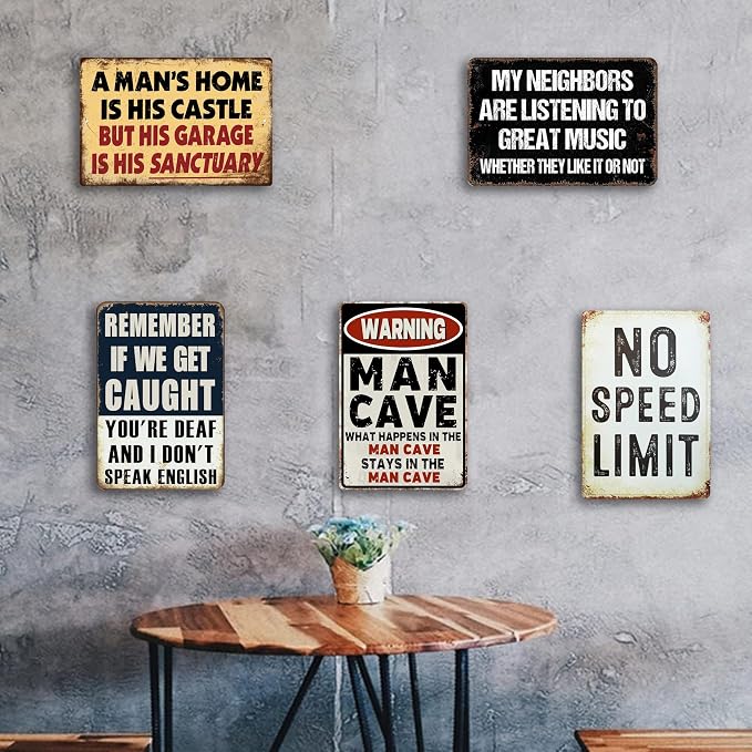Vintage Metal Sign, Metal Wall Art, Funny Bar Signs, Motivational Positive Affirmations Wall Decor, Funny Tin Signs for Home Office School Gym & Locker Room 8x12 Inch (5Pcs Funny Garage Tin Sign)