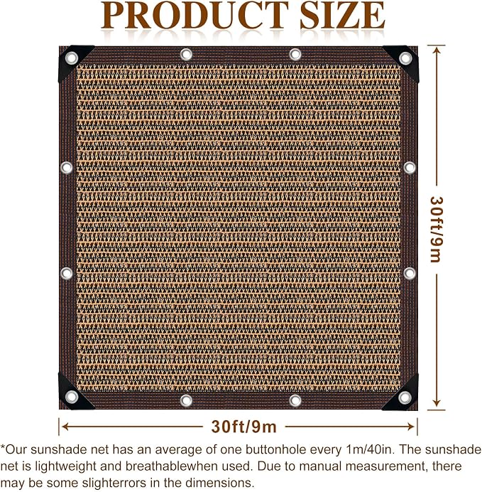 Shade Cloth,80% Sunblock Net with Metal Grommets and Reinforced Edges,Garden Sun Shade Netting,Used in Courtyards,Balconies,Carports,Greenhouse, Plants Growing,Chicken Coop Patios etc.30x30FT