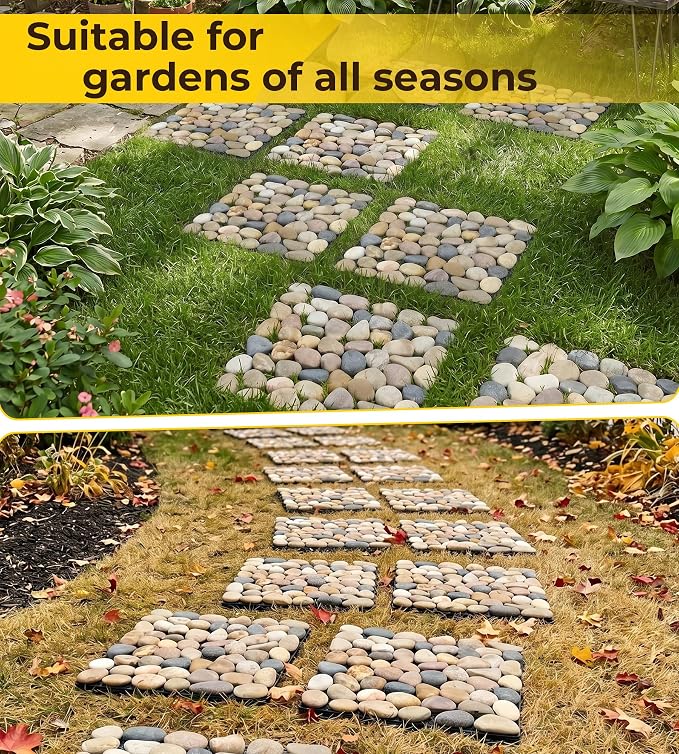 jxgzyy 4 Pcs Interlocking Stepping Stones Outdoor for Garden, 11.8" Square Pavers for Landscaping, Outside Pebble River Stone Mat for Yard Lawn Patio Pathway Walkway (Light Colour)