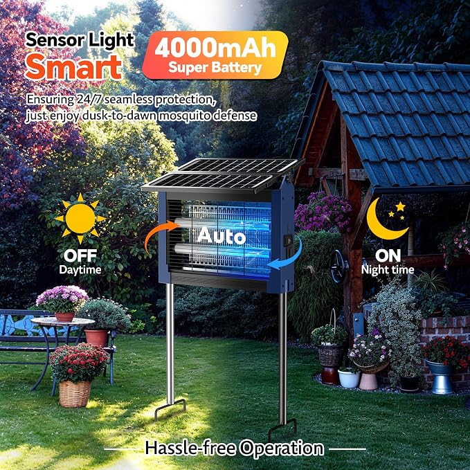 Solar Bug Zapper Outdoor, Dual Solar Panels, 4500V Waterproof Portable Mosquito Zappers, Cordless Fly Trap w/Auto Mode, Rechargeable Mosquitoes Insect Killer for Patio Yard Garden Camping (Blue)