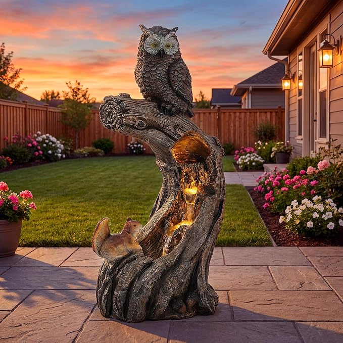 32" H Resin Owl Tree Trunk Fountain Outdoor, Forest Style 4-Tiers Water Feature Outdoor with Lights, Soothing Cascading Waterfall for Patio, Backyard, Garden or Porch