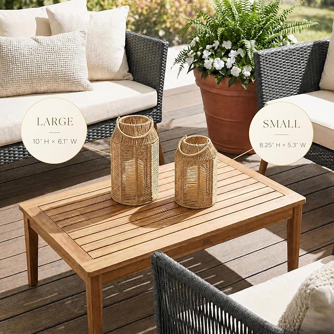 Natural Jute Boho Lanterns - Handcrafted Coffee Table Decor to Enhance Your Home - Modern Decorative Farmhouse Beauty for Living Room, Patio & Front Porch, Indoor and Outdoor or Kitchen Dining Table