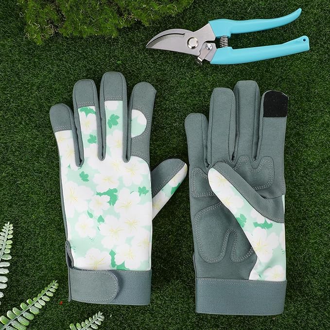 Garden Pruning Shears Set with Gardening Work Gloves & Stainless Steel Trimming Scissors for Flowers, Herbs & Small Branches, Puncture Resistant Anti-Slip Flexible