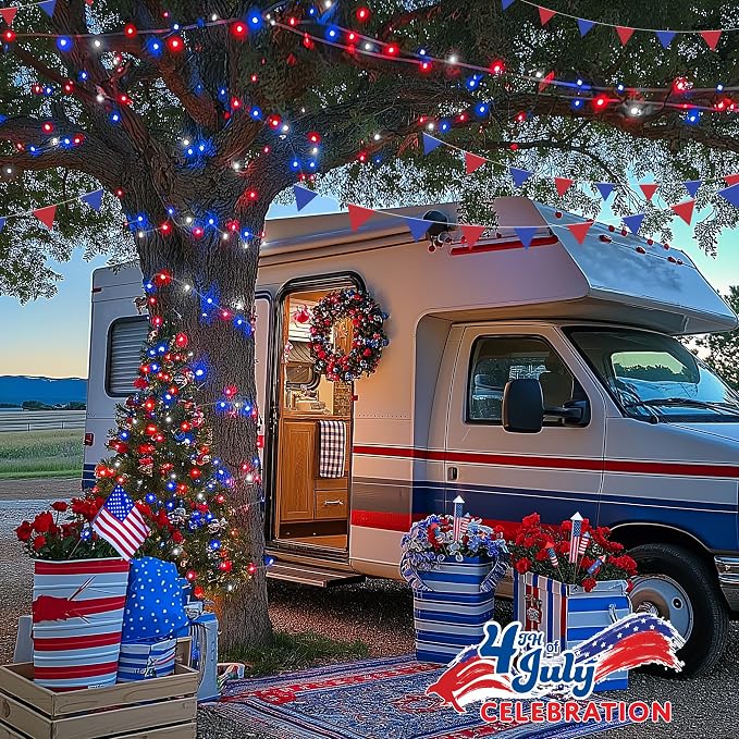 JMEXSUSS 4th of July Decorations Red White and Blue Lights, 33ft 100 LED String Light Indoor Plug-in, 8 Modes Patriotic 4th of July Lights for Indoor Outdoor Independence Day American Flag Holiday