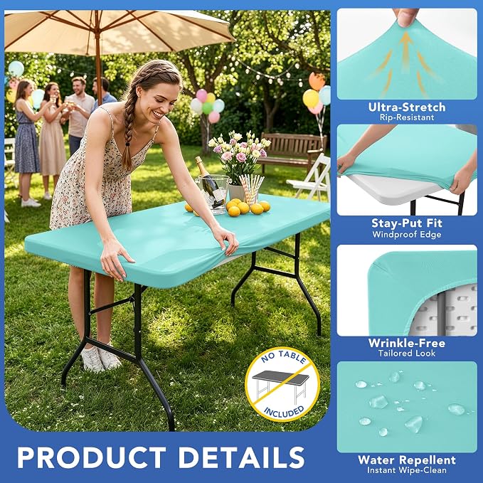 Spandex Table Cover for 6 Foot Rectangle Tables-6 Pack Aqua Blue Outdoor Picnic Elastic Table Cover-Spandex Stretch Folding Table Cloths for Camping Dining Room Patio Kitchen Banquet Party