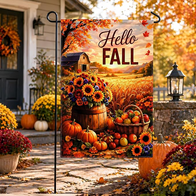 Fall Decor - Hello Fall Garden Flag | Double-Side Autumn Decor for Outdoor Indoor Outside Home - Thanksgiving Friendsgiving Decorations Banner for Garden Porch Patio Lawn Yard Party Favors Supplies