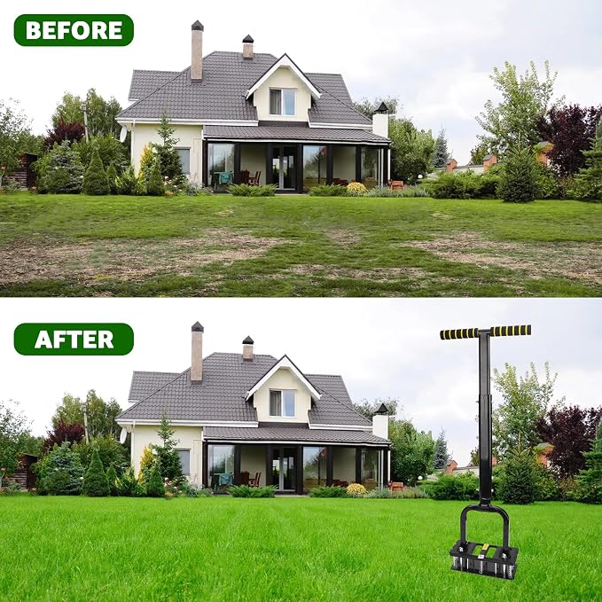 Lawn Aerator, Automatic Dirt and Leaf Clean Design, Reinforced Plastic Shell, Heavy Duty Manual Lawn Aerator Tool with 15 Iron Spikes, Height Adjustable Aerator for Lawn(Armor Black)