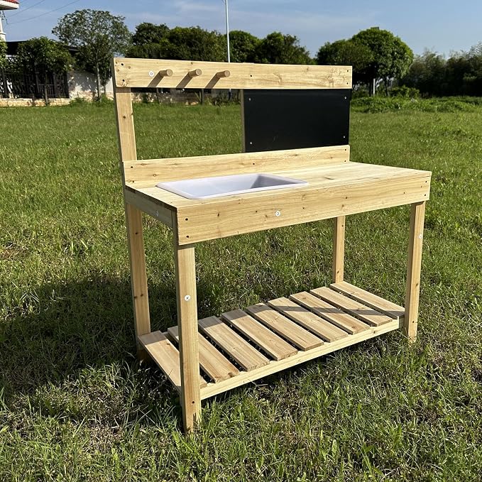 Kids Wooden Potting Bench with Chalkboard, Removable Basin, Storage Shelf and Hooks, Outdoor Garden Work Table,Educational Gardening Tools (Wood)