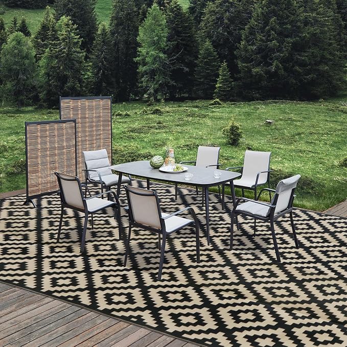 SAND MINE Waterproof Outdoor Rug 10x20 ft, Plastic Reversible Rug, Modern Area Rug, Large Floor Mat for Outdoors, RV, Patio, Backyard, Deck, Picnic, Beach, Camping, Black & Beige