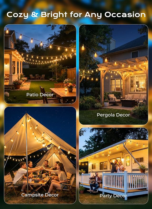 Brightown 151FT Solar String Lights Outdoor Waterproof, Patio Lights with Remote and 48+2 LED Shatterproof Bulbs, Dimmable & Timable, 3 Light Modes, Solar Lights Outdoor for Yard Camping Party Outside