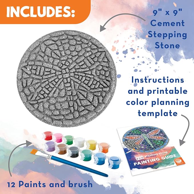 MindWare Paint Your Own Stepping Stone: Dragonfly - Paint Your Own Stepping Stones for Kids Craft Kit Includes Paint, Brushes and Instructions