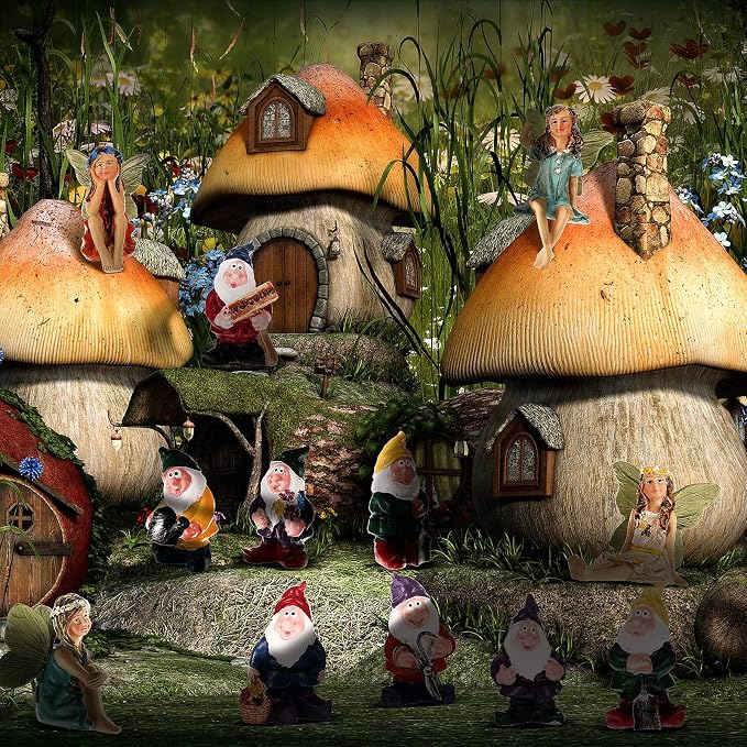 Queekay 13 Pieces Fairy Garden Miniature Accessories 6 Pcs Mini Fairy Figurines and 7 Pcs Tiny Gnomes for Outdoor Garden Yard Lawn Indoor Pot Plants Supplies Home Decor