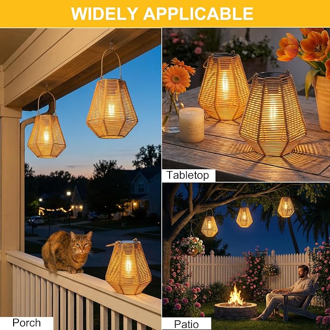 Solar Lanterns, 2 Pack Rattan Hanging Lights Solar Lanterns Outdoor Waterproof Outside Solar Lamp for Garden Patio Yard Porch Pathway Table Decor Decorative Birthday Gifts for Mom Grandma