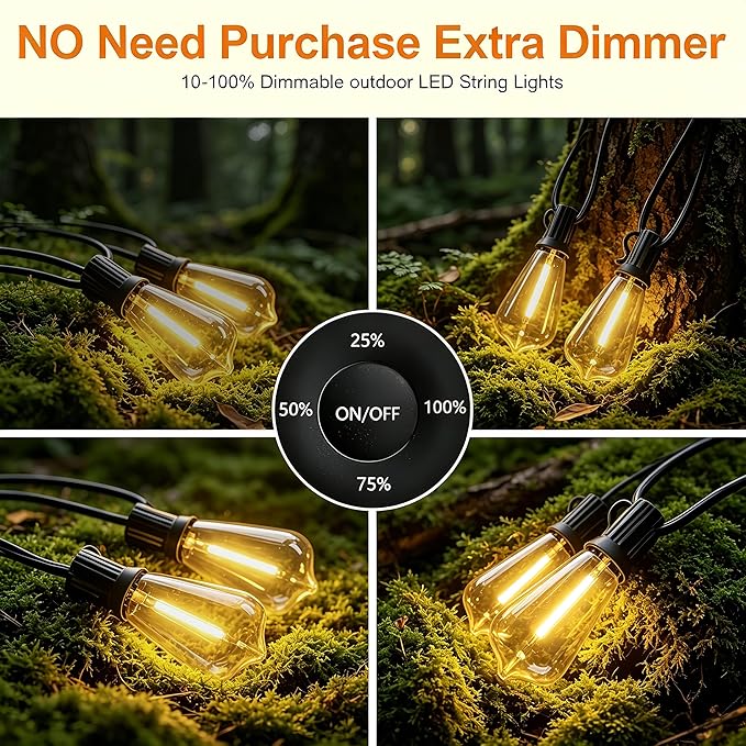 50FT Outdoor String Lights with Remote, Garden Patio Decor with 2500K Warm White, 25+1 LED Edison Bulbs, Support Timer Dimmable Waterproof Shatterproof for Yard Outside Porch Deck Indoor (24V)