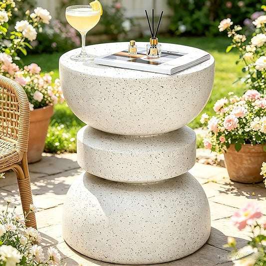 18" Outdoor Side Table, Modern Hourglass Garden Stool in Painted Faux Terrazzo-Look, Patio Coffee Accent Table Decorative, Durable Weatherproof MGO & Easy Assembly Round Table for Room Porch