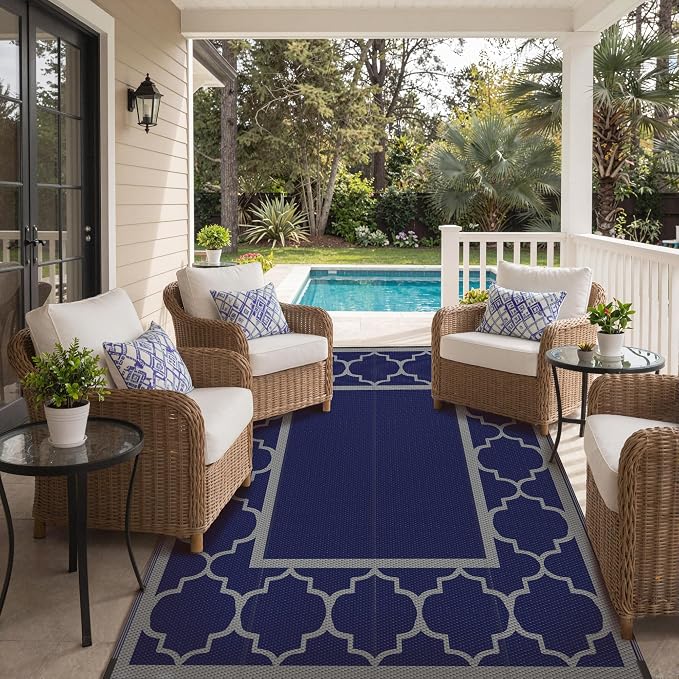 GENIMO Outdoor Rug 8' x 10' Patio Waterproof, Foldable Reversible Plastic Straw Area Rugs Mat for Camper Decor, Outside Carpet for Rv, Deck, Porch, Picnic, Beach, Balcony, Blue & Grey