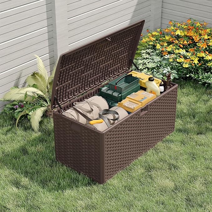 120 Gallon Waterproof Outdoor Storage Deck Box - Large Resin Patio Storage with Lockable Gas Spring Lid - Weather Resistant, Ideal for Cushions, Tools, Pool Accessories - Brown, Gas