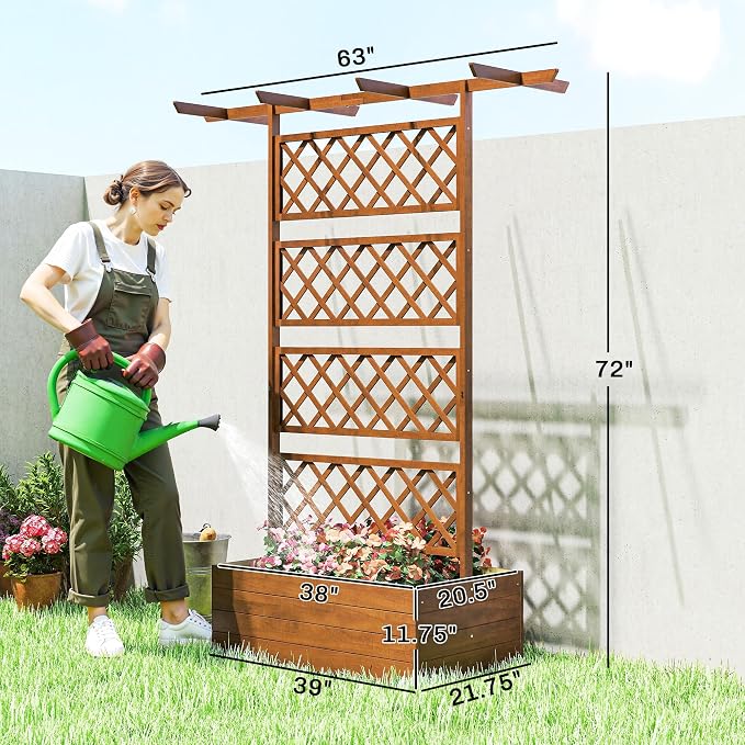 Outsunny Wood Planter Box with Trellis, Raised Garden Bed Privacy Screen Planter Box for Climbing Plants, Vines, Vegetables, Flowers, 63" x 21.75" x 72"