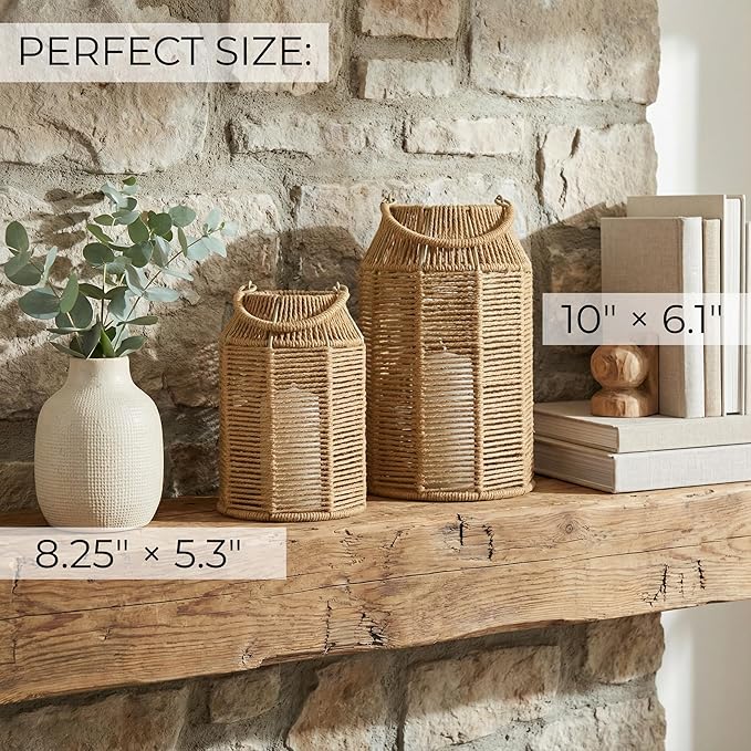 Natural Jute Boho Lanterns - Handcrafted Coffee Table Decor to Enhance Your Home - Modern Decorative Farmhouse Beauty for Living Room, Patio & Front Porch, Indoor and Outdoor or Kitchen Dining Table