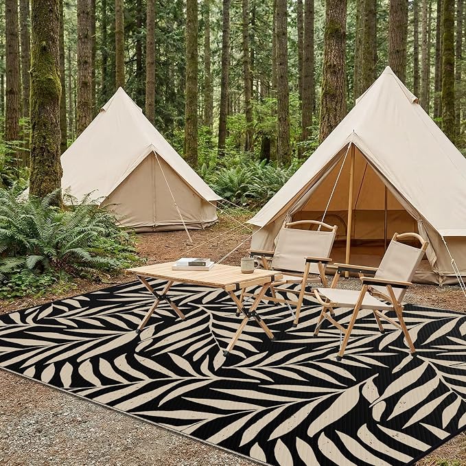Smiry Outdoor Rug 6x9 ft, Waterproof Reversible Plastic Straw Rugs, Outdoor Area Rug with Leaf Pattern, Outside Floor Mat for Patio, Backyard, Deck, Picnic, Beach, Camping, Black & Beige