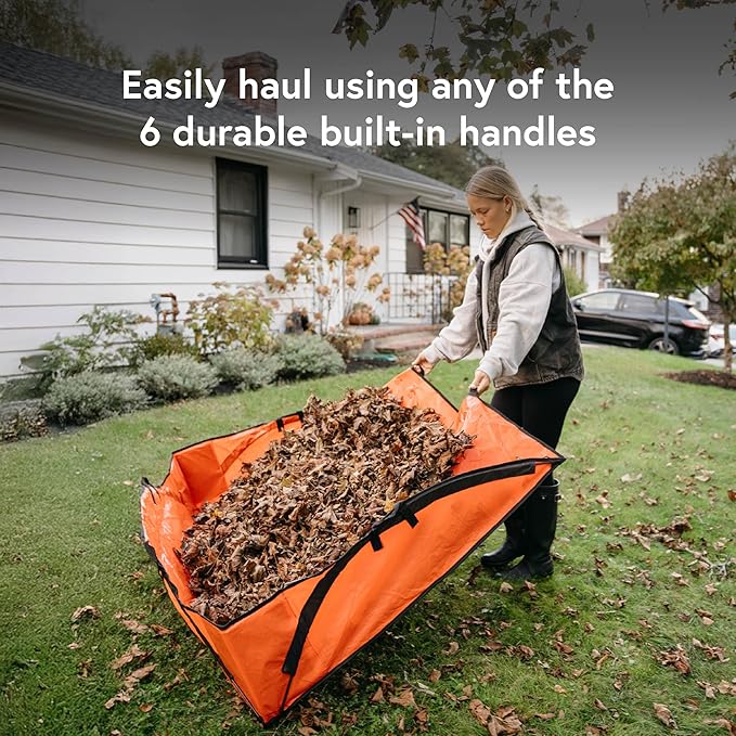 Leaf Tarp for Fast Yard Cleanup –Leaf Collection Tarp with 6 Handles & Ground Stakes – Lawn Leaf Bag for Raking, Garden Debris & Yard Waste Removal, Wind Proof, 5’ x 7’ Large Capacity