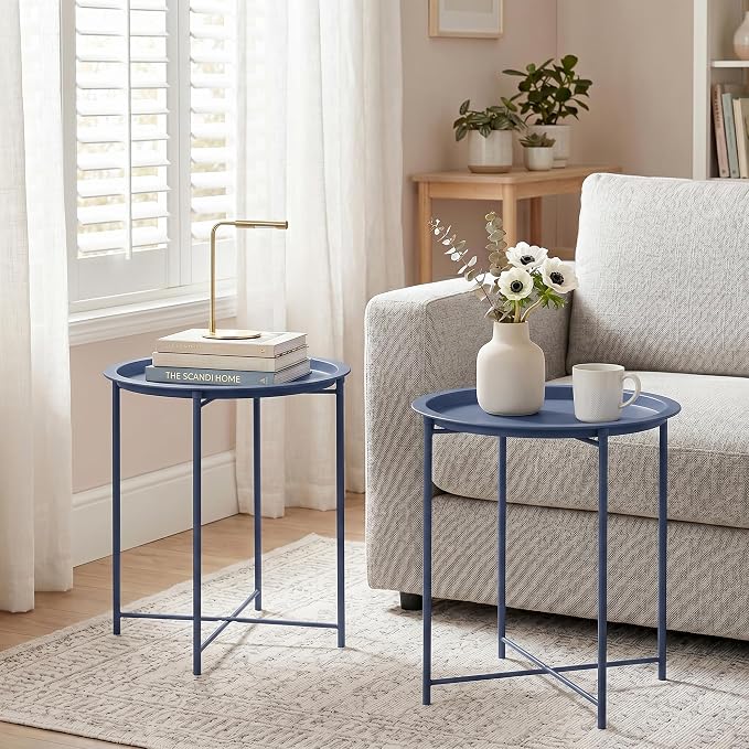 VECELO Side/End Table, Folding Round Metal Anti-Rust and Waterproof Outdoor or Indoor Tray for Living Room Bedroom Balcony and Office, 2 PCS, Blue