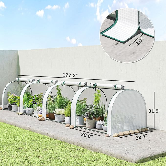 Outsunny Mini Greenhouse, 177.2" x 39.4" x 31.5" Portable Greenhouse with 4 Roll-Up Doors, PE Cover, Small Green House for Indoor Outdoor, White