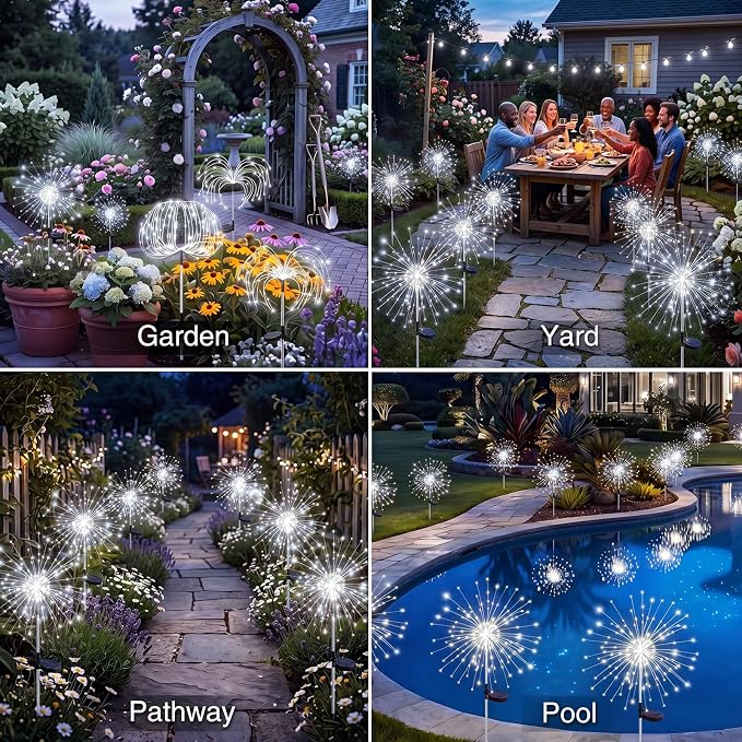 btfarm 2 Pack 120 LED Solar Garden Lights Outdoor, 8 Modes Firework Lights Solar Powered, Waterproof Twinkle Fairy Light Outside for Yard Patio Pathway Pool Christmas Party Decorative, Cool White