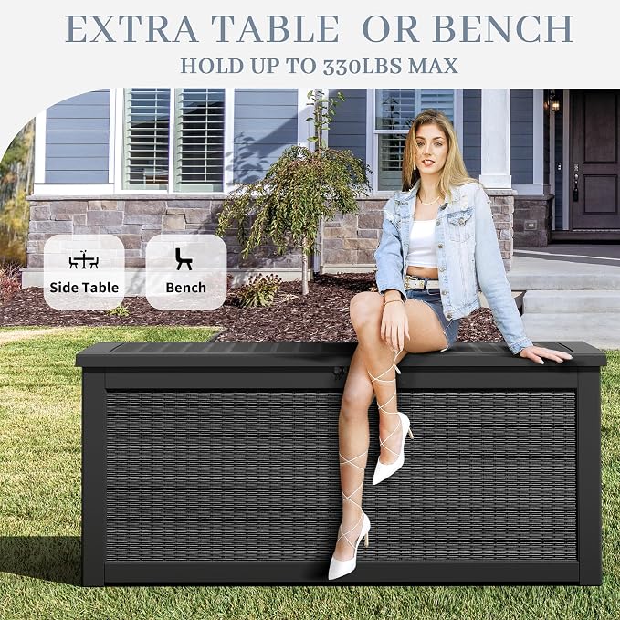 Outdoor Storage Box, 320 Gallon Resin Deck Boxes Outdoor Waterproof For Patio Furniture, Garden Tools, Pool Supplies, Lockable And UV Resistant (Rattan Black)
