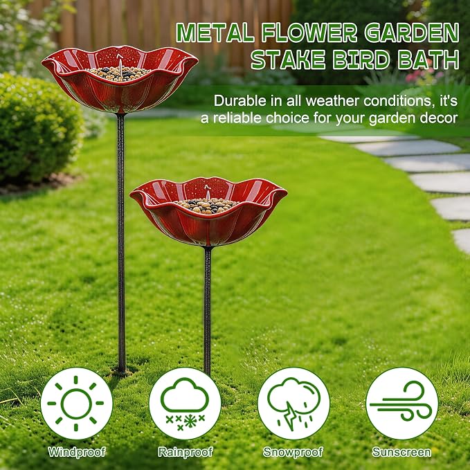 Handmade Metal Flower Garden Stake with Bird Bath & pollinator Water Station, Bee Bath for Garden Metal Bee Water Feeder with Flower Design for Outdoor Yard Decor (2 PCS)