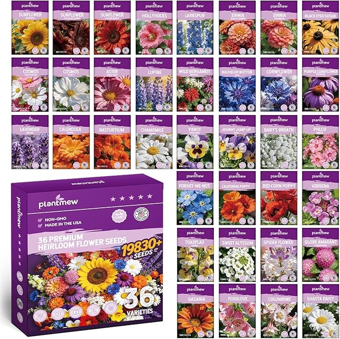 Wildflower Seeds Mix 1/2 lb, 19830+ Seeds Perennial& Annual 36 Varieties Flower Seeds for Planting，Non-GMO Heirloom Bulk Wild Flower Seeds for Indoor & Outdoors, FlowerSeed Packets for Home Garden