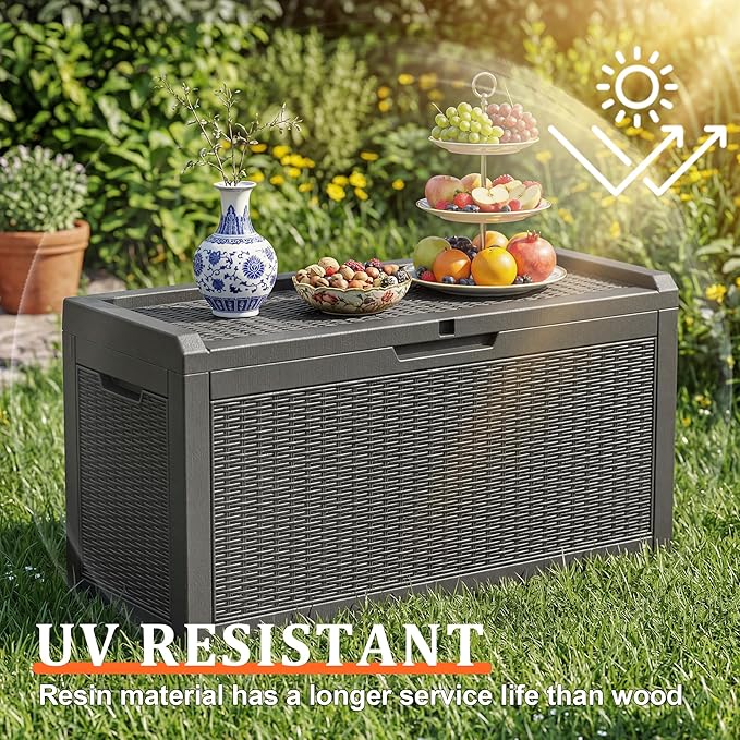 EasyUp 70 Gallon Deck Boxes Outdoor Waterproof, Resin Outside Storage Box for Patio Cushion Furniture Pool Accessories Garden Tools Indoor Outdoor Storage Bench (70 Gallon, Black)