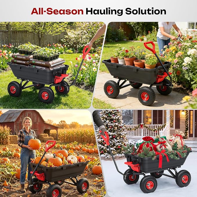 900LB Garden Dump Cart, 2026 Upgraded Heavy Duty Wheelbarrow Cart with 10" Non-Slip Pneumatic Tires & Quick-Release System, 4-Wheel Steel Frame Wagon for Transportation in Yard, Farm, Garden