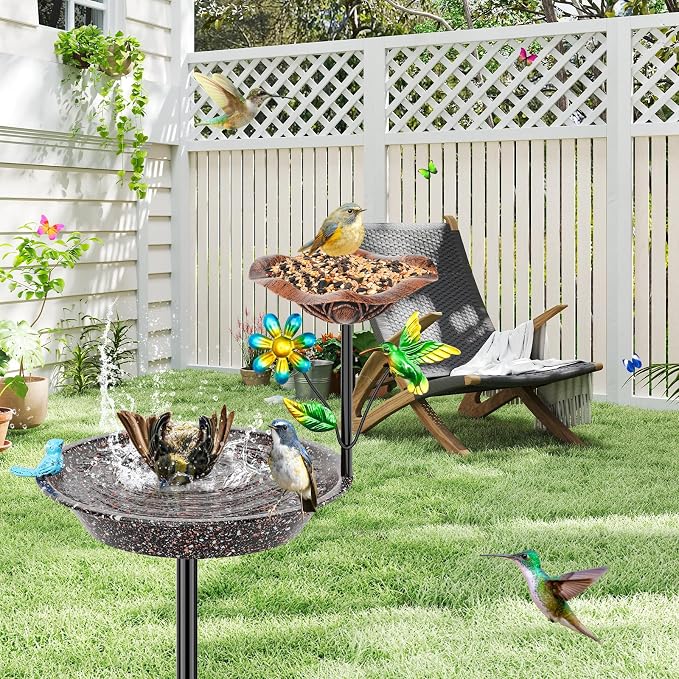 Metal Bird Bath for Outside, Birdbath Bowl Standing Bird Feeders for Outdoors with 5 Prongs Base Stake, Freestanding Birdfeeders for Garden Yard Lawn Decor (Brown 2-in-1 Bird)