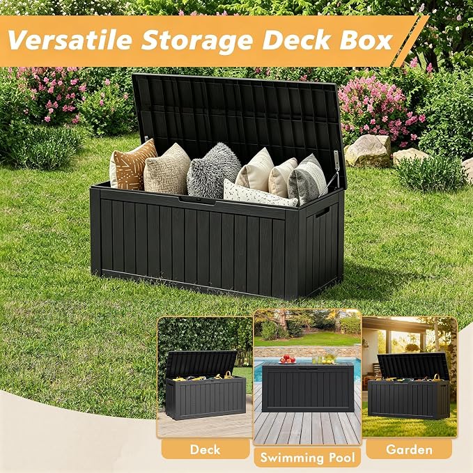 Fancyango 110 Gallon Outdoor Deck Box Waterproof, Large Storage Box for Patio, Resin Storage Bench Lockable for Garden Tools, Package Delivery, Black