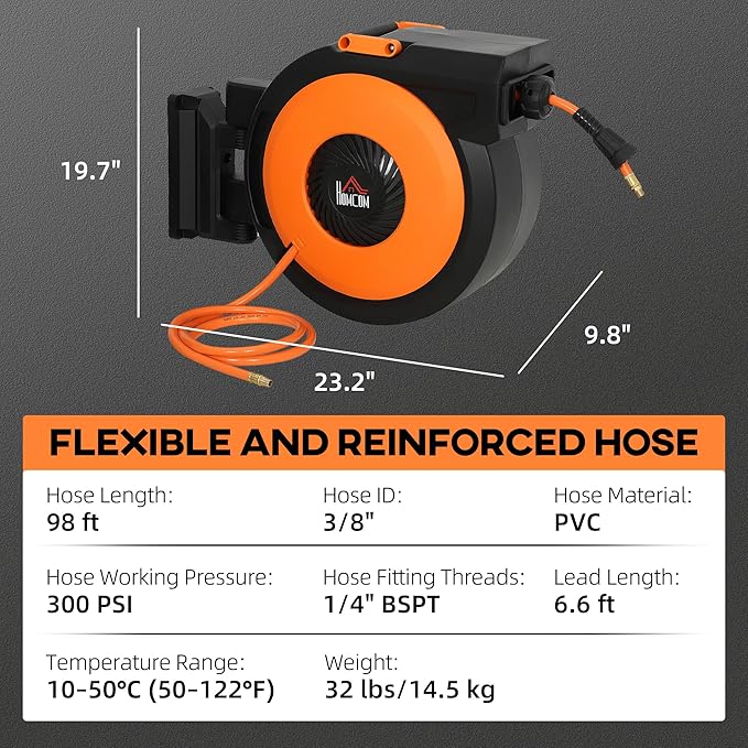 HOMCOM Retractable Air Hose Reel, Wall Mounted Air Compressor Hose Reel with Swivel Bracket, Auto Rewind, 3/8 in x 98 ft, 6.6 ft Lead in, 300 PSI, Air Coupler, Black and Orange