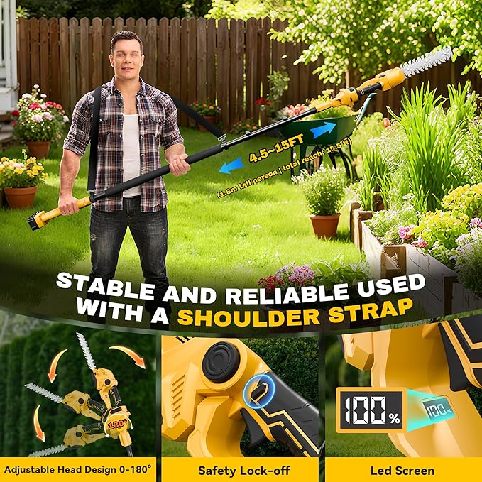 6-in-1 Pole Saw & Cordless Hedge Trimmer Combo Kit,Electric Grass Trimmer,Mini Chainsaw with 2×4.0 Ah Battery,Dual-Action Blade,Brushless Motor,8.5 ft Max Reach,for Tree Trimming/Garden/Lawn (Yellow)