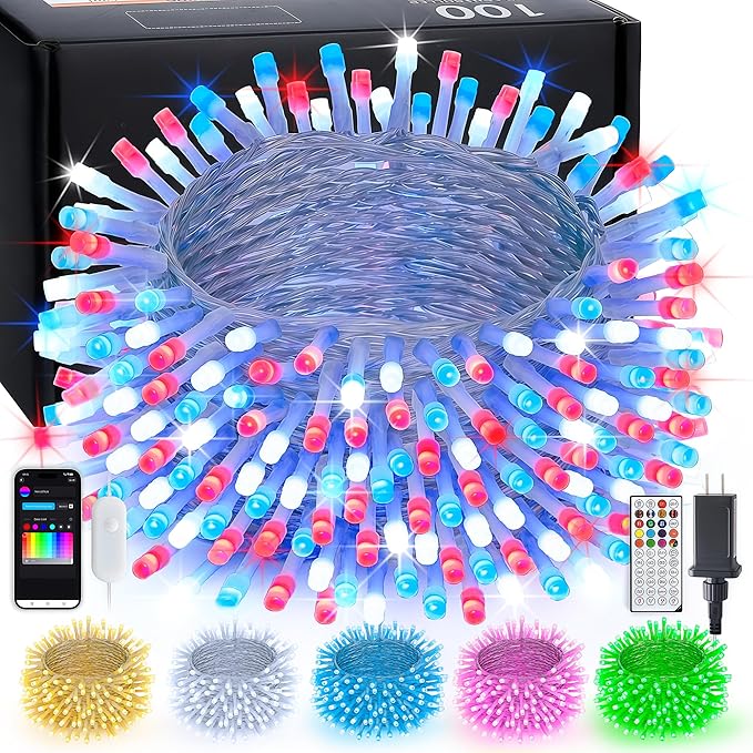JMEXSUSS 100 LED Color Changing String Lights, 33ft Red White and Blue Lights with Remote & APP, Clear Wire Smart Twinkle Christmas Light Plug in for Daily Easter Independence Day Halloween Xmas