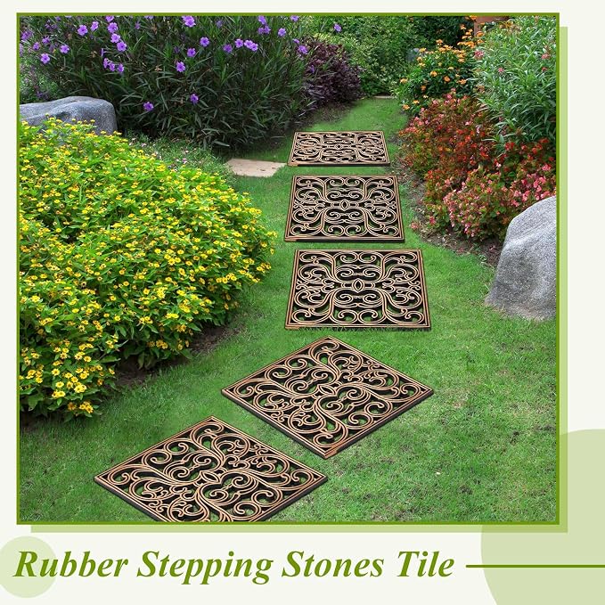 Pangda 8 Pcs Rubber Stepping Stones Outdoor Garden Walkway, 12 x 12 Inch Heavy Duty Pathway Pavers Retro Decorative Stepping Stones for Outside Landscaping Yard Lawn Path(Copper,Scroll Square)