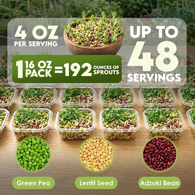 Nature Jim's Sprouts 3-Bean Seed Mix - Organic Green Peas, Lentils & Adzuki Beans for Planting - Non-GMO Microgreen Sprout Seeds, Fast Sprouting, High in Fiber, Protein, Nutrients & Vitamins - 16 Oz