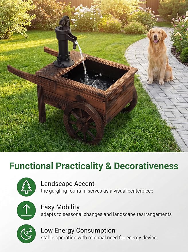 Carbonized Wood Outdoor Freestanding Fountain - Movable Vintage Hand Pump Cart, Plug-in Water Pump Electric Decorative Water Feature for Patio, Garden & Indoor Decoration