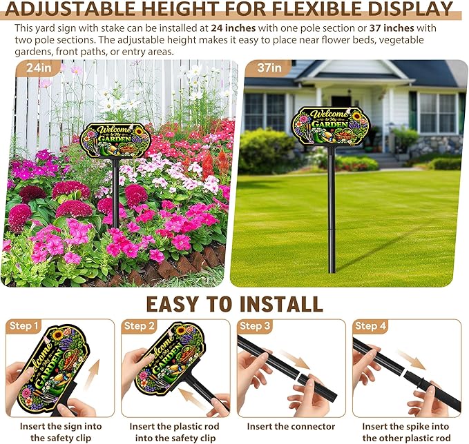 Welcome to My Garden Sign Outdoor Decor, 10x5 Inch Adjustable 24" & 37" Height Aluminum Garden Yard Sign with Stake, UV Printed Metal Garden Sign for Lawn Fence Wall, Gift for Gardeners