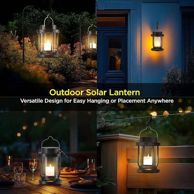 Solar Lantern Outdoor & Indoor Use – Hanging Solar Lights with Realistic Flickering Flameless Candle, Weatherproof for Gardens, Patios, Trees, and Lawns (Green, 2 Pack)