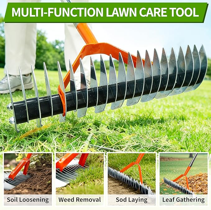 Thatch Rake for Lawn,15" Dethatcher Rake,Heavy-Duty Metal Thatching Rake,68" Adjustable Manual Dethatcher with 19 Tines,Dead Grass Remover Tool for Yards and Gardens