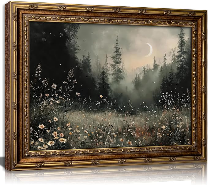 Vintage Gold Framed Moonlit Forest Wall Art Crescent Moon Forest Wildflower Gothic Canvas Print Dark Moody Moon Botanical Flowers Wall Decor Rustic Nature Night Landscape Poster Artwork for Offices