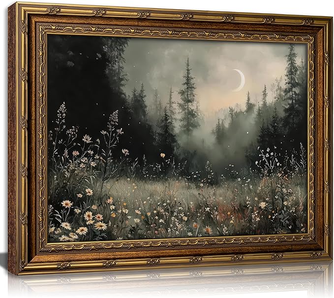 Vintage Gold Framed Moonlit Forest Wall Art Crescent Moon Forest Wildflower Gothic Canvas Print Dark Moody Moon Botanical Flowers Wall Decor Rustic Nature Night Landscape Poster Artwork for Offices