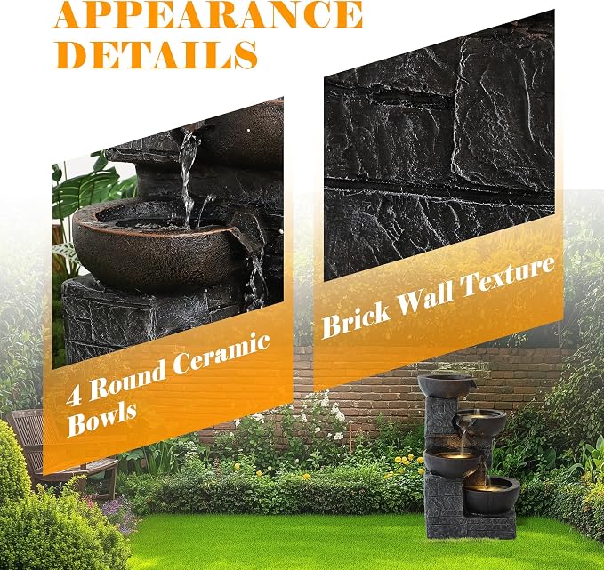 4-Tier Outdoor Garden Water Fountain, 22" H Modern Resin Cascading Bowls Fountain with LEDs and Pump, Freestanding Fountains and Waterfalls for Yard, Porch and Patio Indoor Decor (Brown)