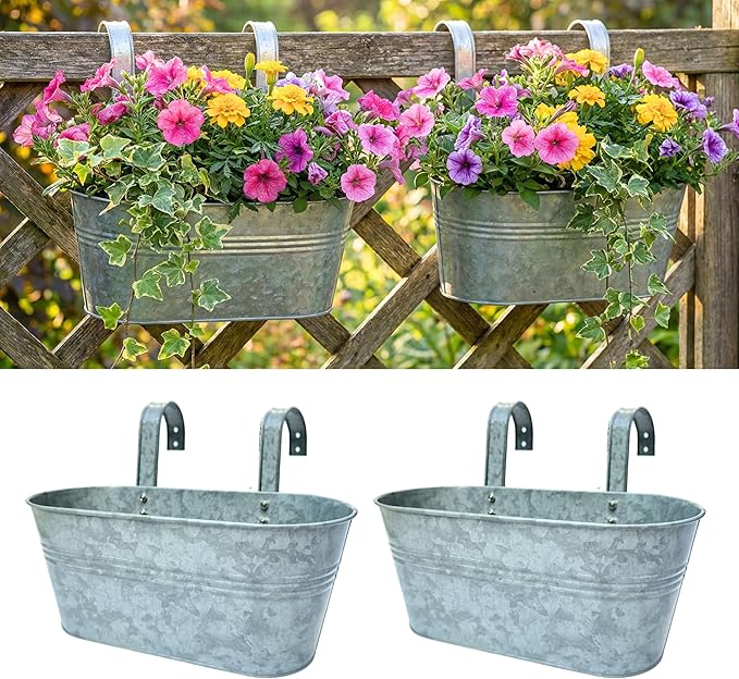 LaLaGreen Outdoor Plants Rail Planter (16 Inch, 2 Pack) Silver Metal Iron Hanging Flower Pot Deck Railings Fence Bucket Modern Boho Style Wall Mount Window Box Plant Wall Hanger Hooks Porch Home Decor